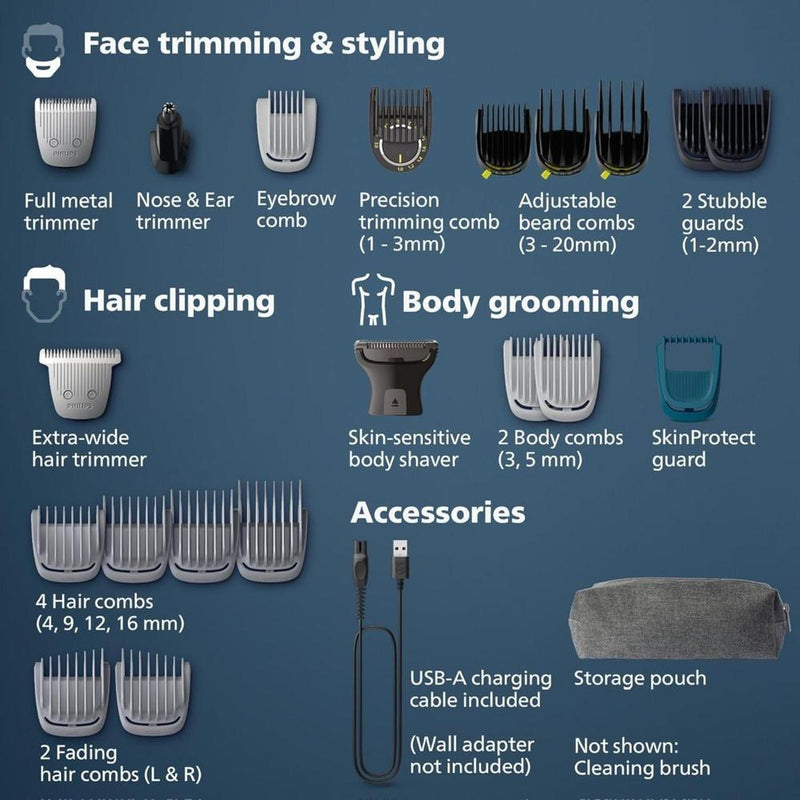 Philips Multigroom Series 9000 Recortadora 24 en 1 para Barba, Cabello y Cuerpo con Tecnología BeardSense, Impermeable