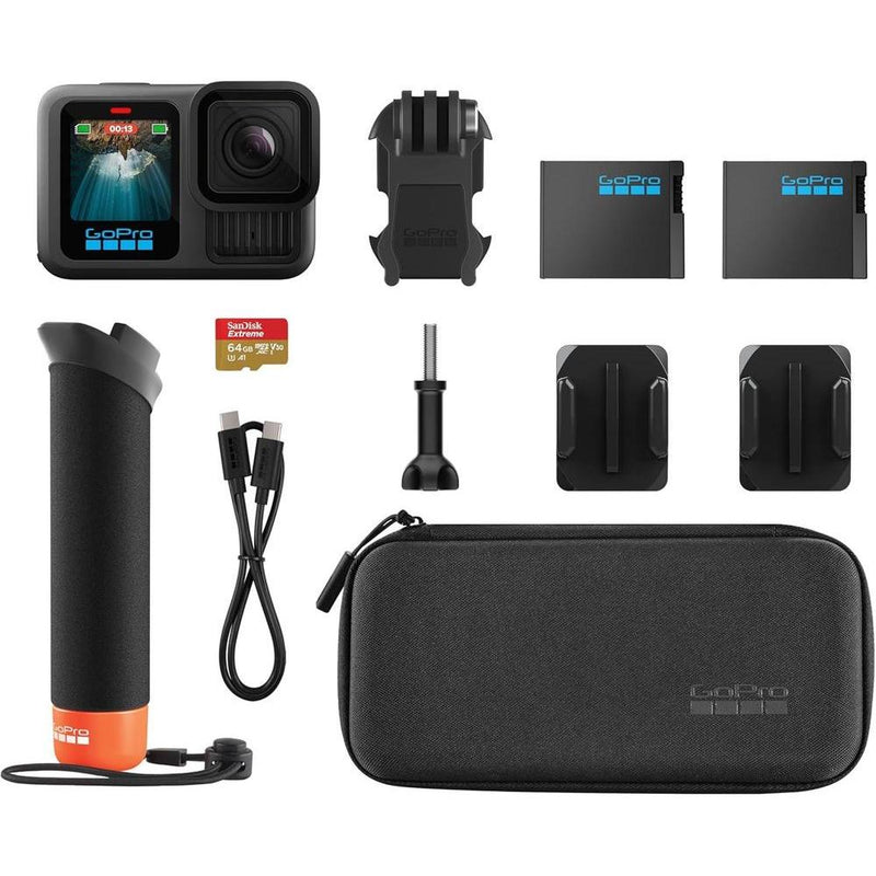 GoPro HERO13 Negro con accesorios: incluye controlador flotante, baterías Enduro, soportes adhesivos, MicroSD 64GB, funda