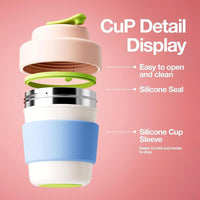 Taza de café de viaje aislada con doble pared de vacío, fácil de agarrar, libre de BPA, tapa rosa, de acero inoxidable