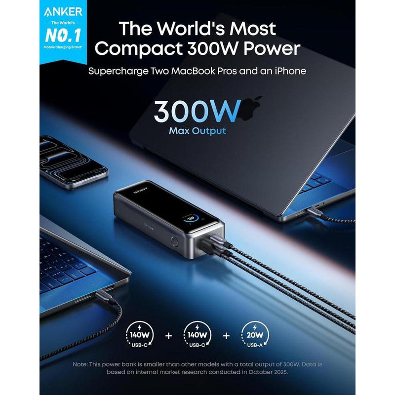 Anker Power Bank, 3 puertos, 26,250mAh, máximo 300W, carga bidireccional, TSA aprobado, control app, para MacBook iPhone