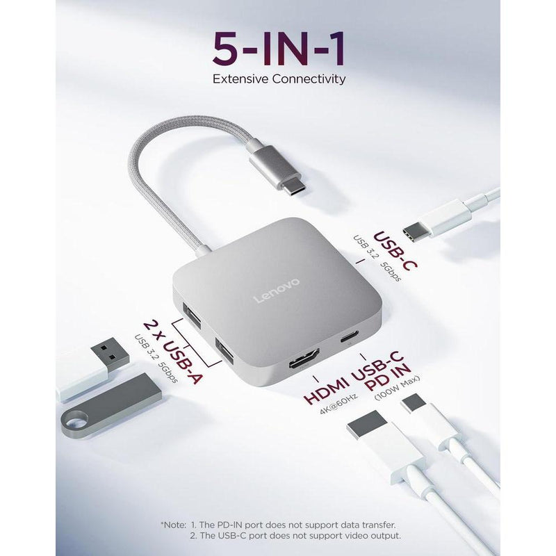 Lenovo Hub de viaje USB-C 5 en 1 con entrega de energía, HDMI 4K, puertos duales USB-C y USB-A, Plug and Play en gris plateado
