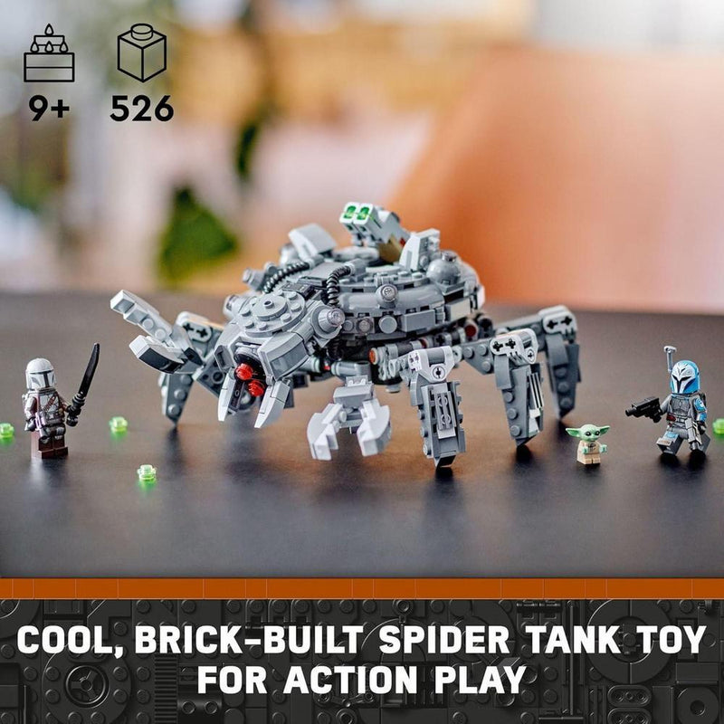 LEGO Star Wars Spider Tank 75361 con personajes de The Mandalorian, incluye minifiguras y 526 piezas