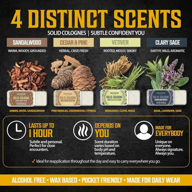 Viking Revolution Paquete de 4 colonias sólidas para hombre, perfume sólido variedad de madera, salvia, vetiver y sándalo