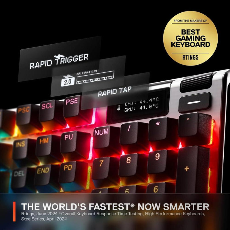 Teclado SteelSeries Apex Pro Gen 3 con interruptores OmniPoint 3.0 y retroiluminación RGB, ofrece rápida actuación ajustable y precisión