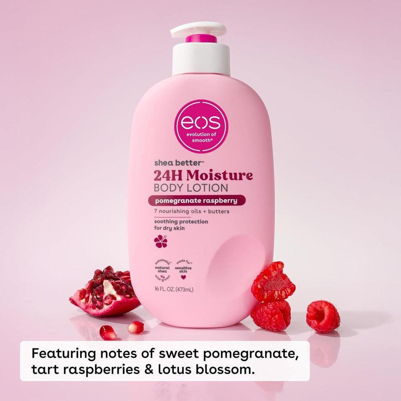 Eos Shea Better Loción corporal de granada frambuesa, cuidado de la piel las 24 horas, ligera y no grasosa, karité natural, vegano