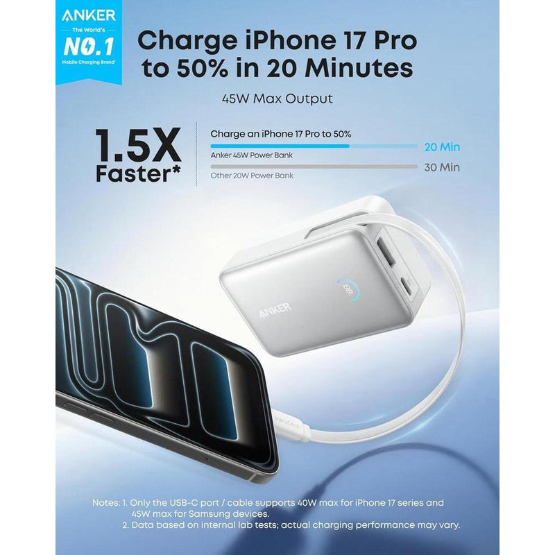 Cargador Portátil Anker Nano, Banco de Energía Compacto de 10,000mAh 45W, Paquete de Batería Esencial para Teléfono con Cable Retráctil InstaCord