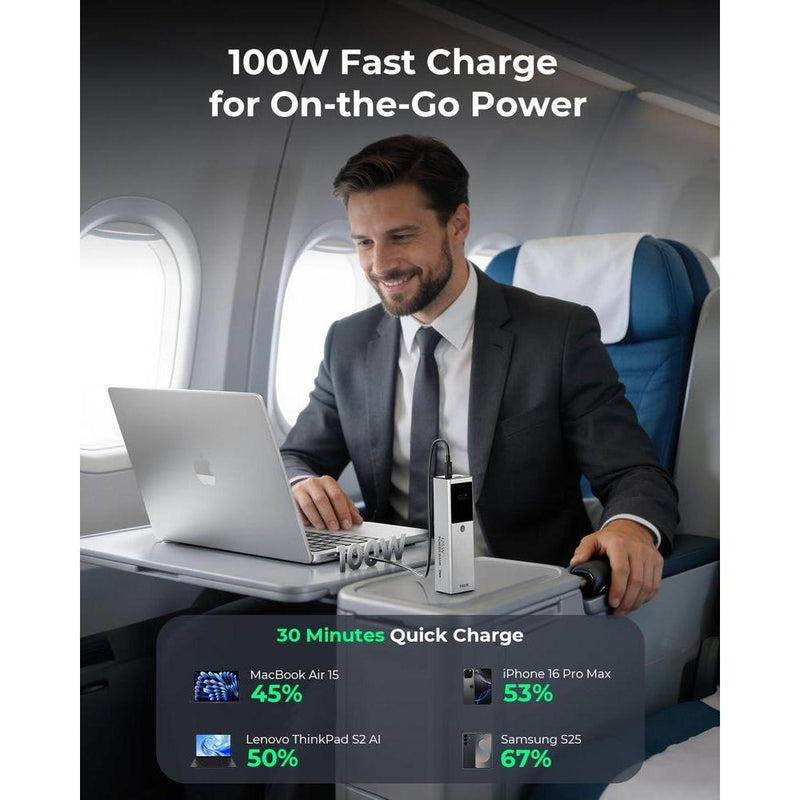 Banco de energía TALIX 125W, cargador portátil de 12800mAh con cable USB-C, tres puertos y carga rápida PD para diversos dispositivos