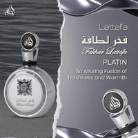 Lattafa Fakhar Platin Eau de Parfum para hombre, fragancia picante de madera con bergamota, jengibre y sándalo, aroma audaz y moderno