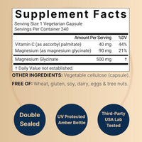 Cápsulas de glicinato de magnesio 500 mg, 240 unidades, 100% quelado, probado por terceros, sin OGM y sin gluten