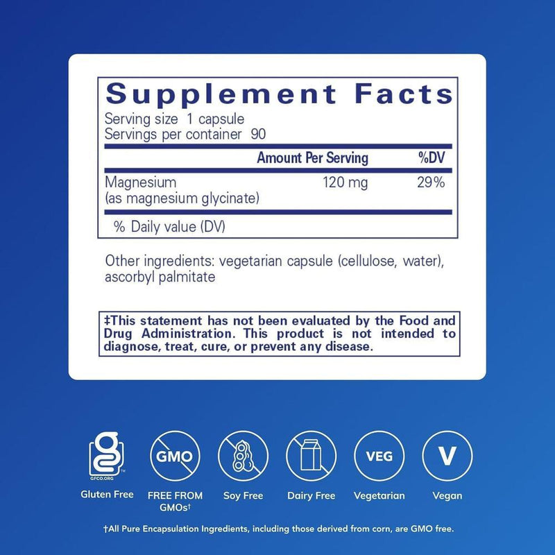 Magnesio glicinado Pure Encapsulations: soporte para relajación, salud cardíaca, músculos, nervios y metabolismo