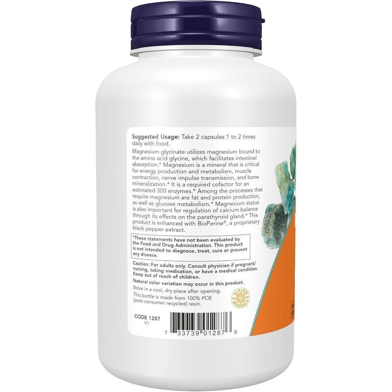 NOW Foods Suplementos, Glicinato de Magnesio con BioPerine, 180 Cápsulas Vegetales