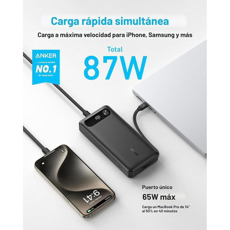 Anker Power Bank, cargador portátil esencial de viaje de alta capacidad con cable USB-C integrado para múltiples dispositivos