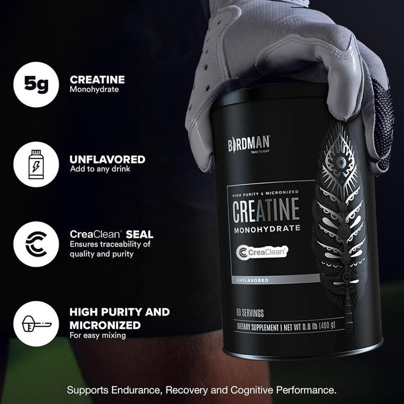 BIRDMAN Monohidrato de creatina micronizada en polvo, recuperación muscular, vegano, sin cafeína, sin gluten, sin azúcar, 80 porciones