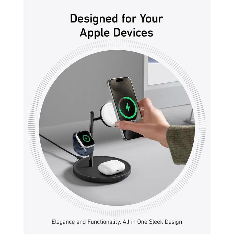Anker MagGo Estación de Carga Inalámbrica 3 en 1 Compatible con MagSafe para iPhone, Apple Watch y AirPods, Certificación Qi2