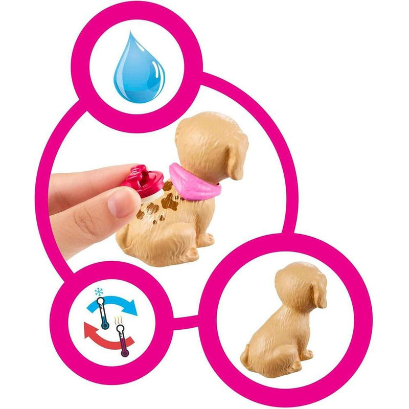 Muñeca Barbie rubia y conjunto boutique de mascotas con 4 mascotas, función de cambio de color y accesorios