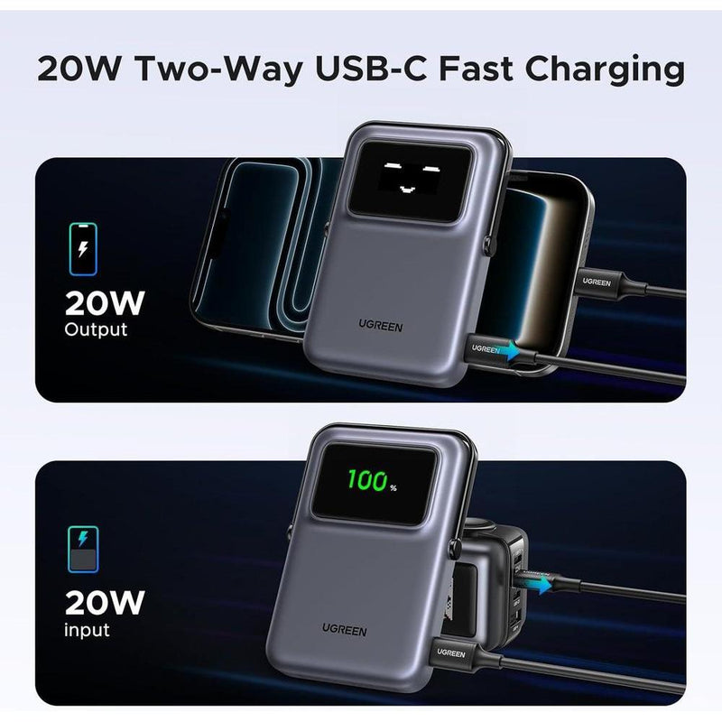 UGREEN Uno - Cargador portátil magnético de alta capacidad con carga inalámbrica y cable, compatible con iPhone y dispositivos USB-C