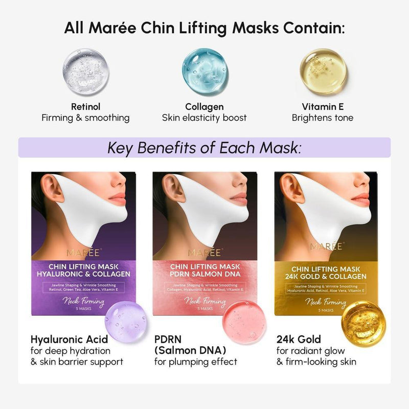 Máscara de elevación MAREE V Line con oro de 24k, colágeno profundo para mujeres, reafirma cuello y mandíbula con retinol y ácido hialurónico