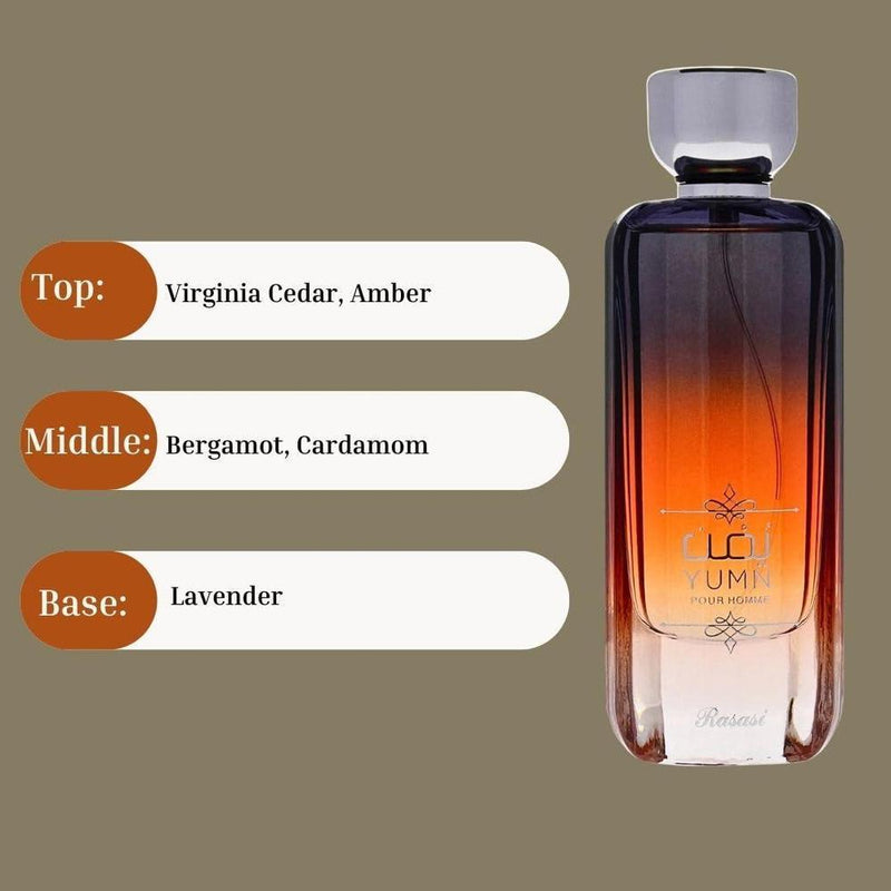 RASASI Yumn Eau De Parfum para hombre. Fragancia cálida y refrescante con notas de cedro, bergamota, cardamomo y lavanda. Elegante y de larga duración
