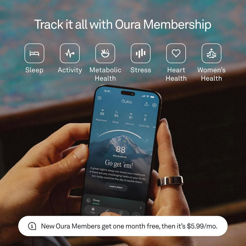 Anillo inteligente Oura 4 en plata, monitorea salud, sueño, actividad y más. Compatible con iOS y Android, resistente al agua