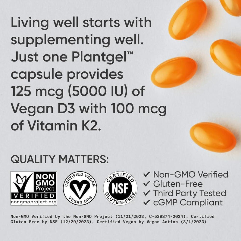 Suplemento Vegano de Vitamina D3 y K2 con Aceite de Coco Orgánico para Huesos Fuertes y Salud Inmunológica