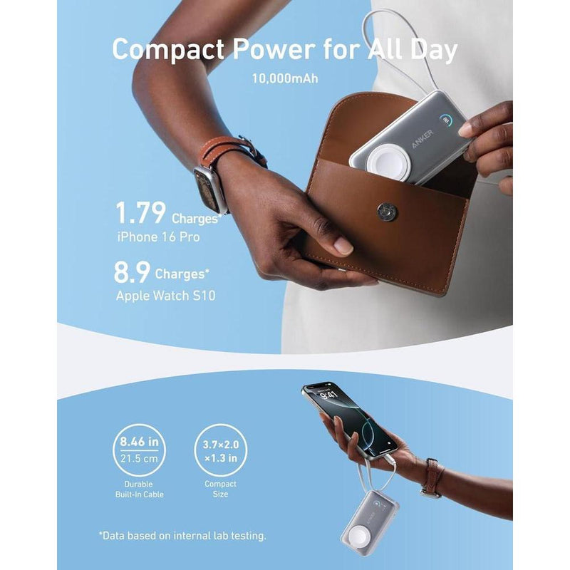 Anker MagGo Power Bank con certificación oficial para Apple, batería compacta de 10,000 mAh y cable USB-C integrado, para múltiples dispositivos