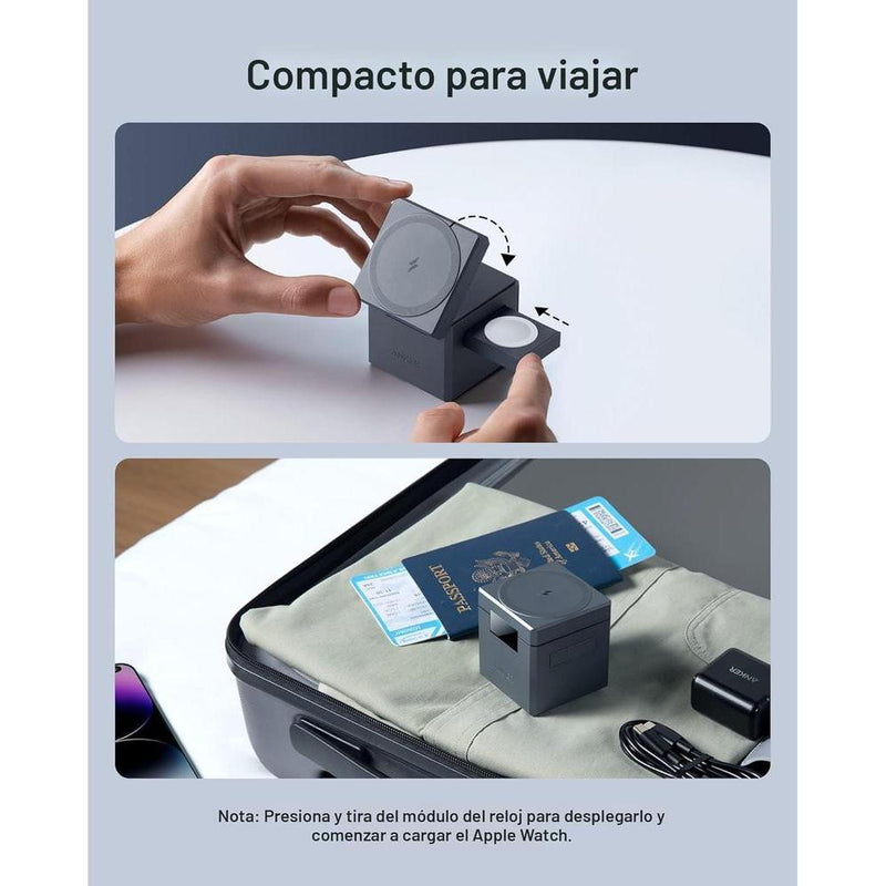 Anker Soporte cargador 3 en 1 con MagSafe para iPhone y Apple Watch, diseño plegable con carga rápida de 15W