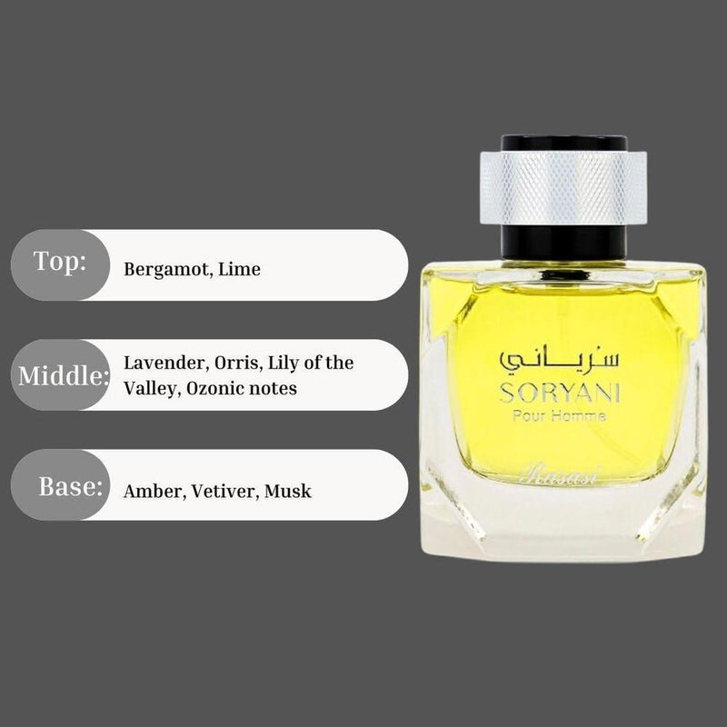 RASASI Soryani Eau De Parfum Hombre Spray – Perfume árabe con fragancia cítrica floral, larga duración aroma masculino