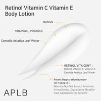 Loción APLB con Retinol, Vitamina C y E para cuidado de la piel, hidratación duradera y mejora de textura con Centella 3x
