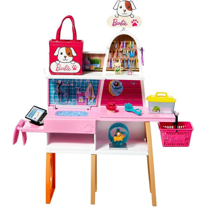 Muñeca Barbie rubia y conjunto boutique de mascotas con 4 mascotas, función de cambio de color y accesorios