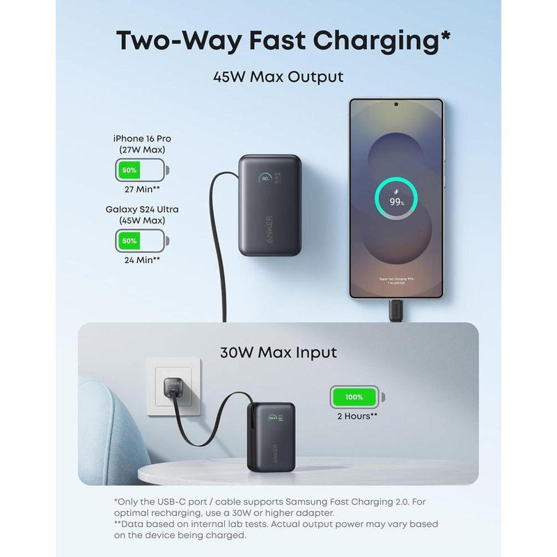 Anker Nano Power Bank, cargador portátil de 10,000 mAh con cable retráctil de alta potencia y pantalla inteligente