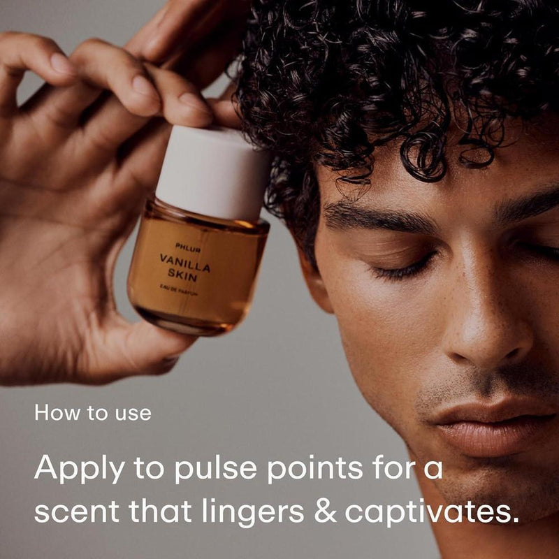 PHLUR Eau de Parfum de piel de vainilla con notas de pimienta rosa, cachemira y sándalo en spray tamaño completo