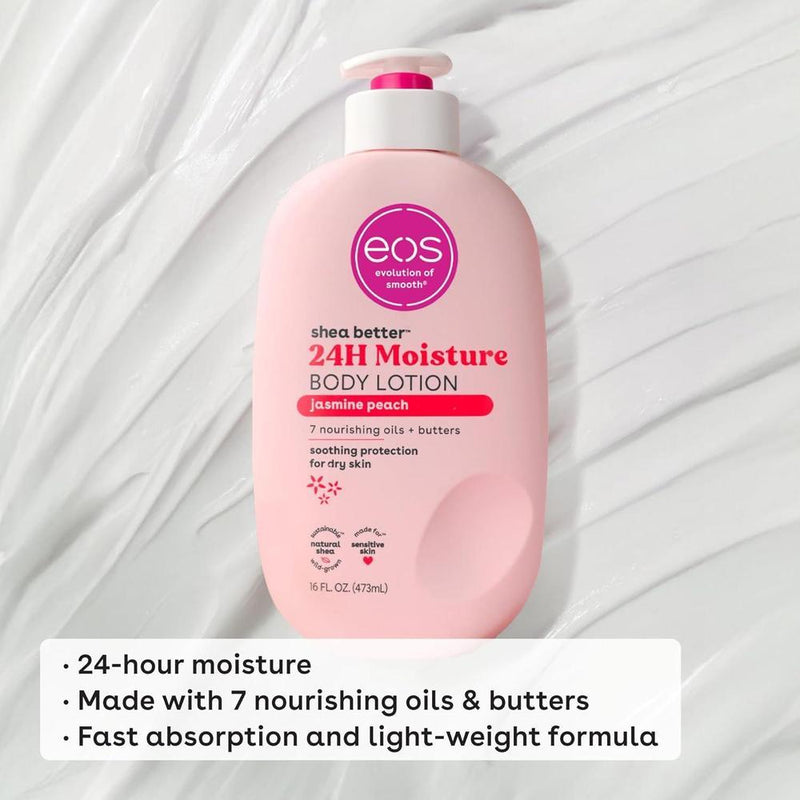 eos Shea Better Loción corporal Jasmine Peach, cuidado de la piel 24 horas, ligera, vegana y con karité natural