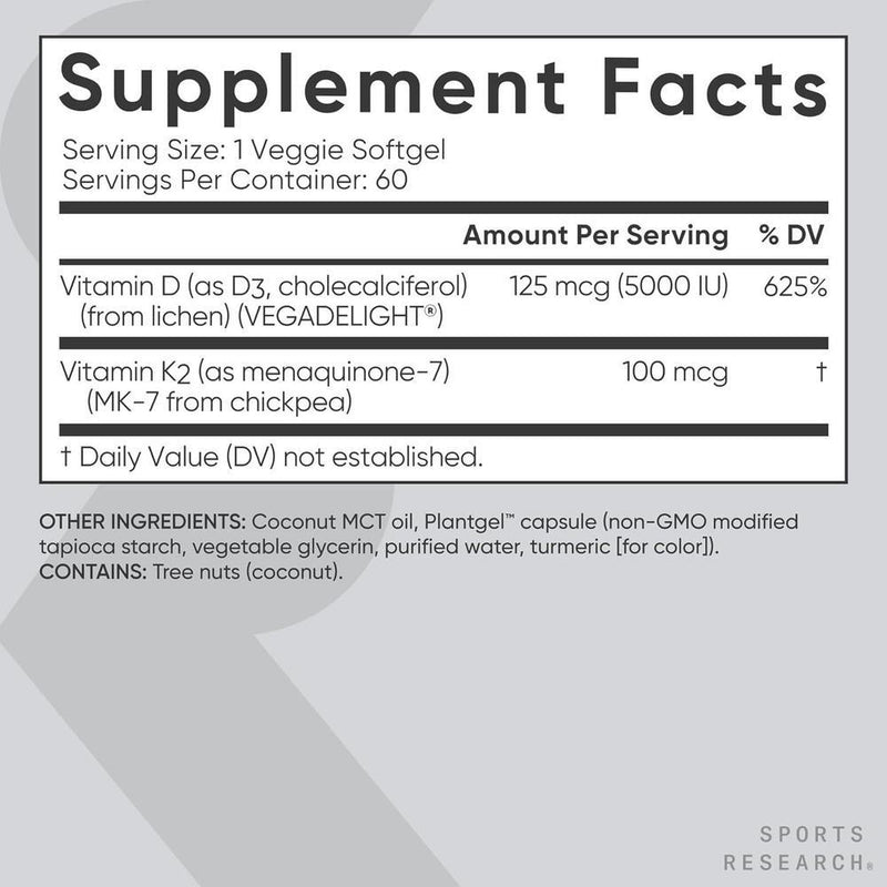 Vitaminas D3 y K2 con aceite de coco, soporte óseo e inmune, certificadas veganas, sin OGM ni soja, 60 cápsulas blandas