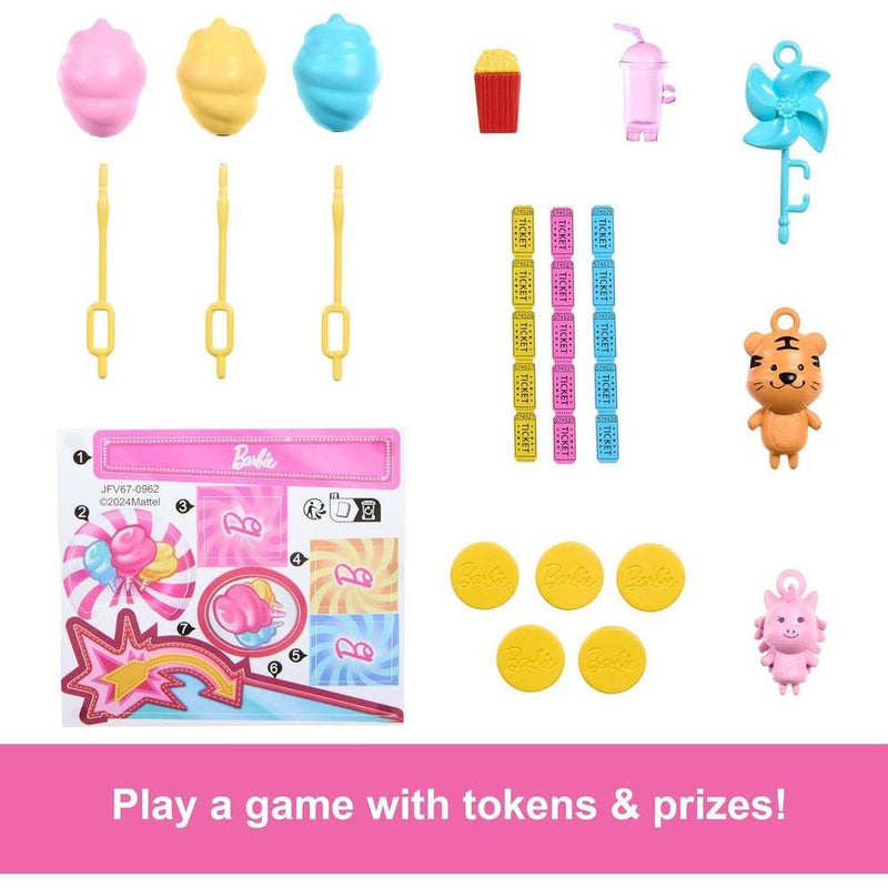 Barbie Mysteries: Muñeca Malibu y Set de Cabina de Juegos de Algodón de Azúcar con 20 Accesorios