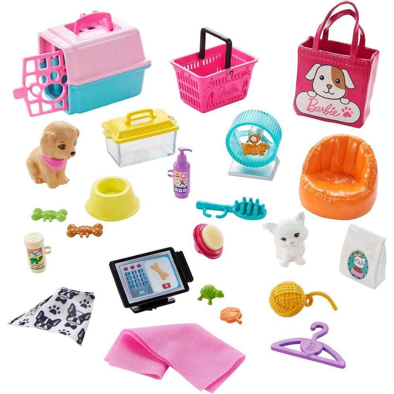 Muñeca Barbie rubia y conjunto boutique de mascotas con 4 mascotas, función de cambio de color y accesorios