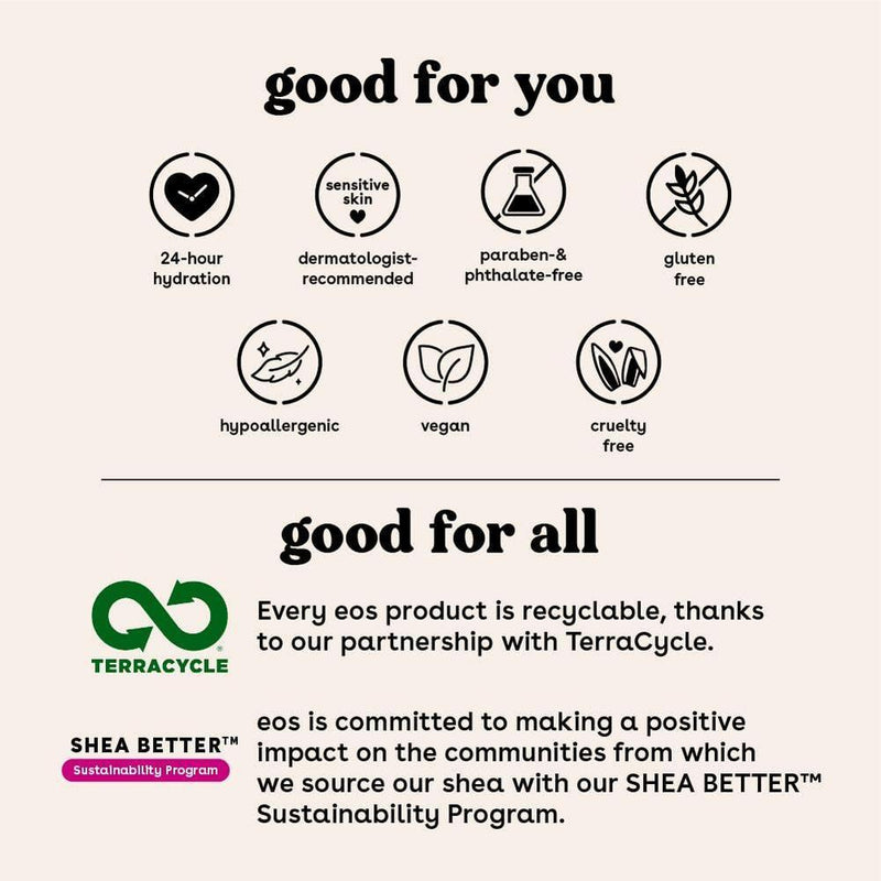 Paquete de loción corporal eos Shea Better con variedad de aromas naturales para hidratación prolongada