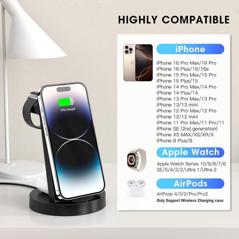 Estación de carga 3 en 1 para iPhone y Apple Watch con cargador inalámbrico, compatible con AirPods