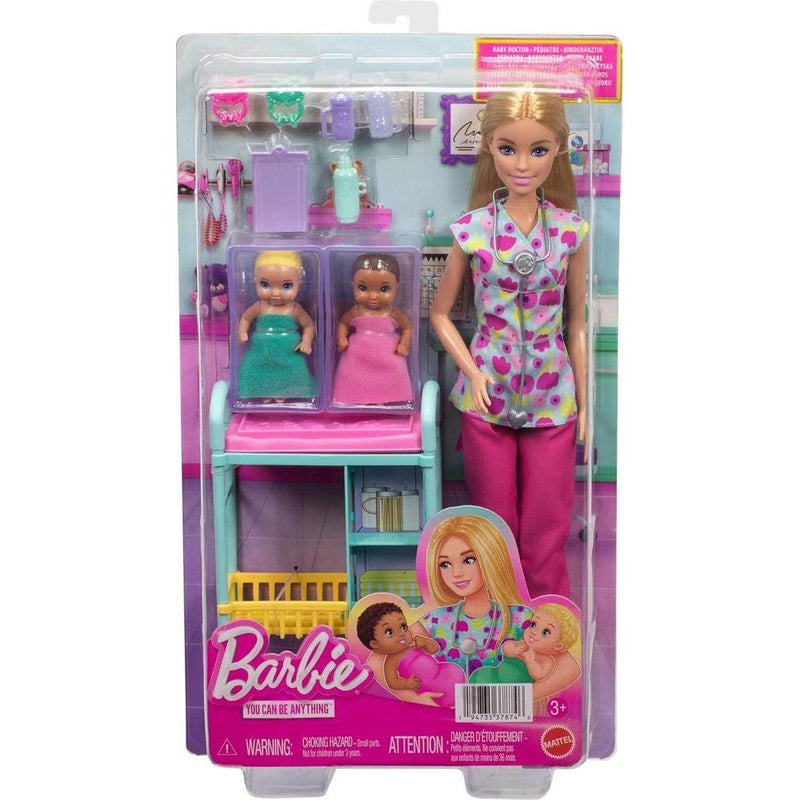 Barbie Careers Baby Doctor con muñeca rubia, 2 bebés, mesa de examen y accesorios para juego de roles médico