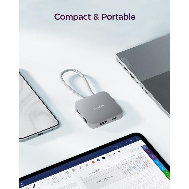 Lenovo Hub de viaje USB-C 5 en 1 con entrega de energía, HDMI 4K, puertos duales USB-C y USB-A, Plug and Play en gris plateado