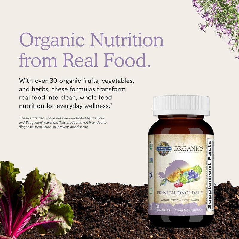 Garden of Life Organics Vitamina prenatal con ácido fólico, hierro, vitamina C, B6, B12, D3 orgánico y vegano