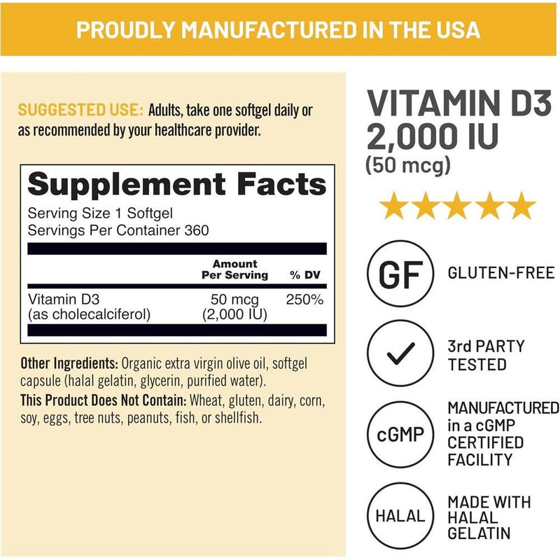 Cápsulas de gel de vitamina D3 de NatureWise, 2000iu para apoyar el sistema inmunológico y la salud ósea y muscular