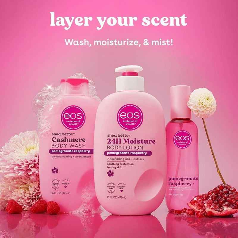 Eos Shea Better Loción corporal de granada frambuesa, cuidado de la piel las 24 horas, ligera y no grasosa, karité natural, vegano