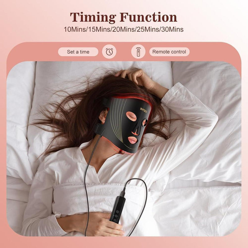 Máscara facial LED INTEO con terapia de luz roja, infrarroja y amarilla. Portátil, 3 modos con control remoto
