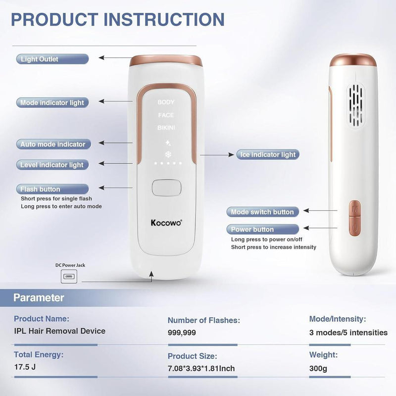 Depilación láser IPL para mujeres con enfriamiento de hielo, dispositivo eficaz y seguro en casa con 3 modos y 5 niveles de intensidad