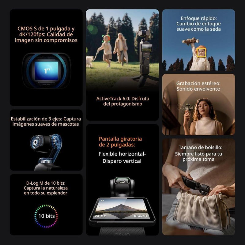 DJI Osmo Pocket 3 Creator Combo, cámara para vlogging 4K con estabilización de 3 ejes, micrófono incluido, seguimiento facial