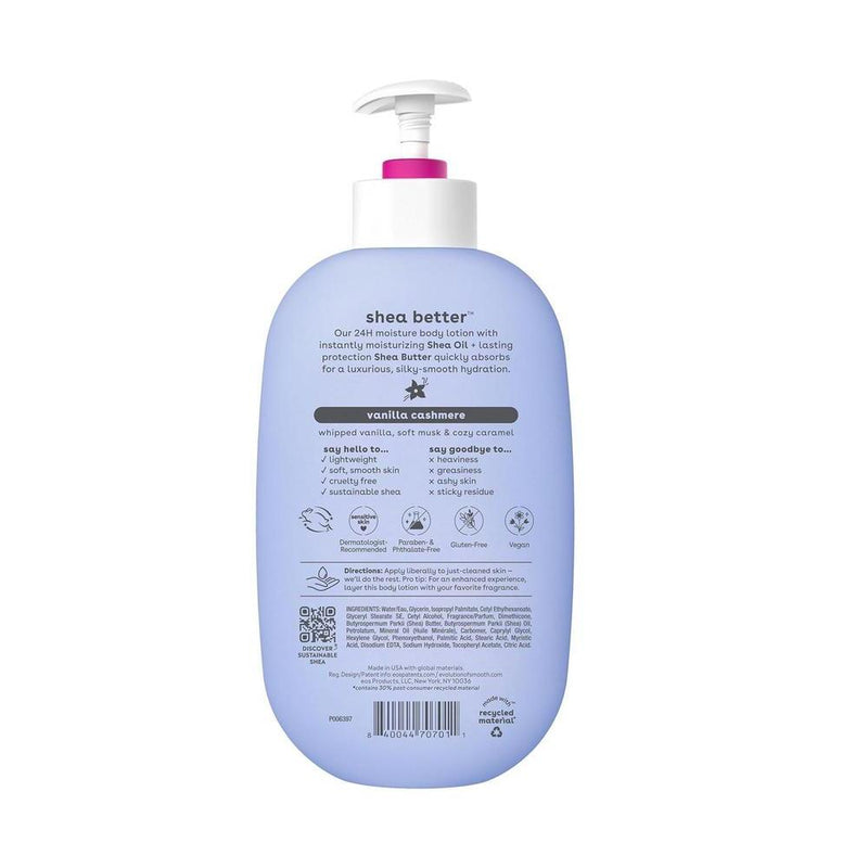 eos Shea Better Loción corporal Vanilla Cashmere, cuidado de la piel con humedad 24 horas y karité natural, vegano, ligera y no grasosa