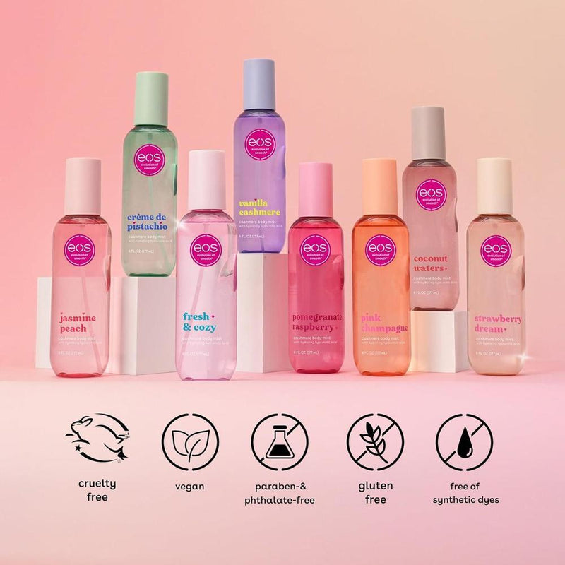 Rocío corporal de cachemira eos con almizcle suave, caramelo y ácido hialurónico, spray hidratante para mujeres