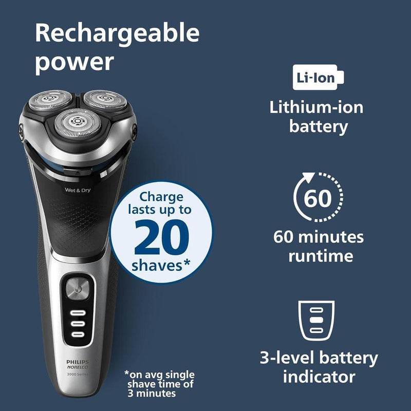 Philips Norelco Shaver 3900 Series, afeitadora eléctrica para uso húmedo y seco, con P-Cap, estuche de viaje y soporte de carga