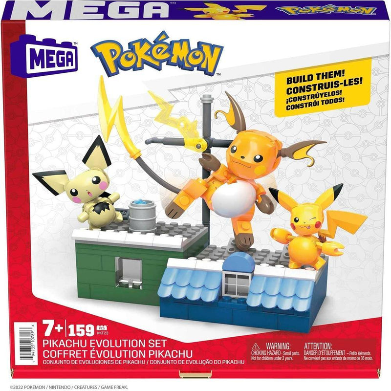 MEGA Figura Pokémon para Niños, Juego de Construcción de Pikachu Evolution, 159 Piezas, 3 Personajes Posables, Regalo Ideal