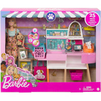 Muñeca Barbie rubia y conjunto boutique de mascotas con 4 mascotas, función de cambio de color y accesorios